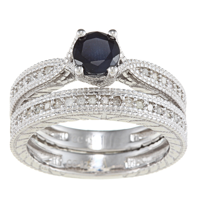 ... Silver 1.33ct Vintage Style Blue Sapphire  Diamond Wedding Bridal Set