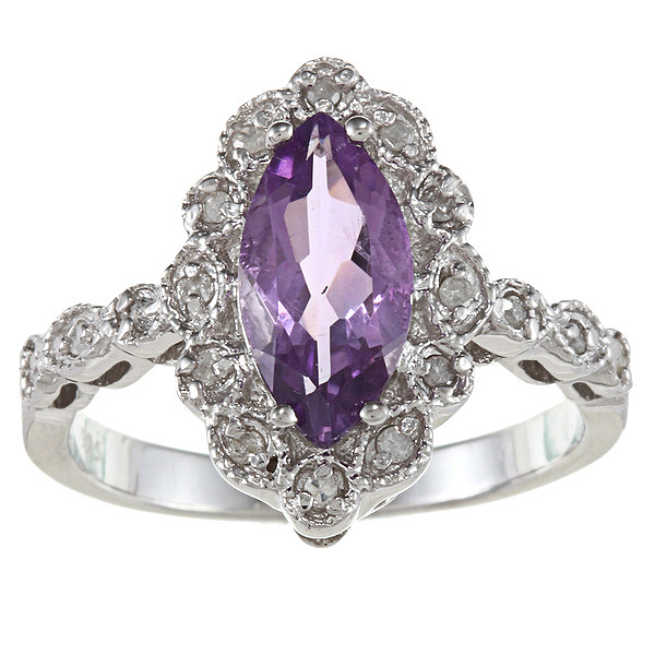 Sterling Silver Vintage Style Marquise 3.5 carats Amethyst and Diamond Ring