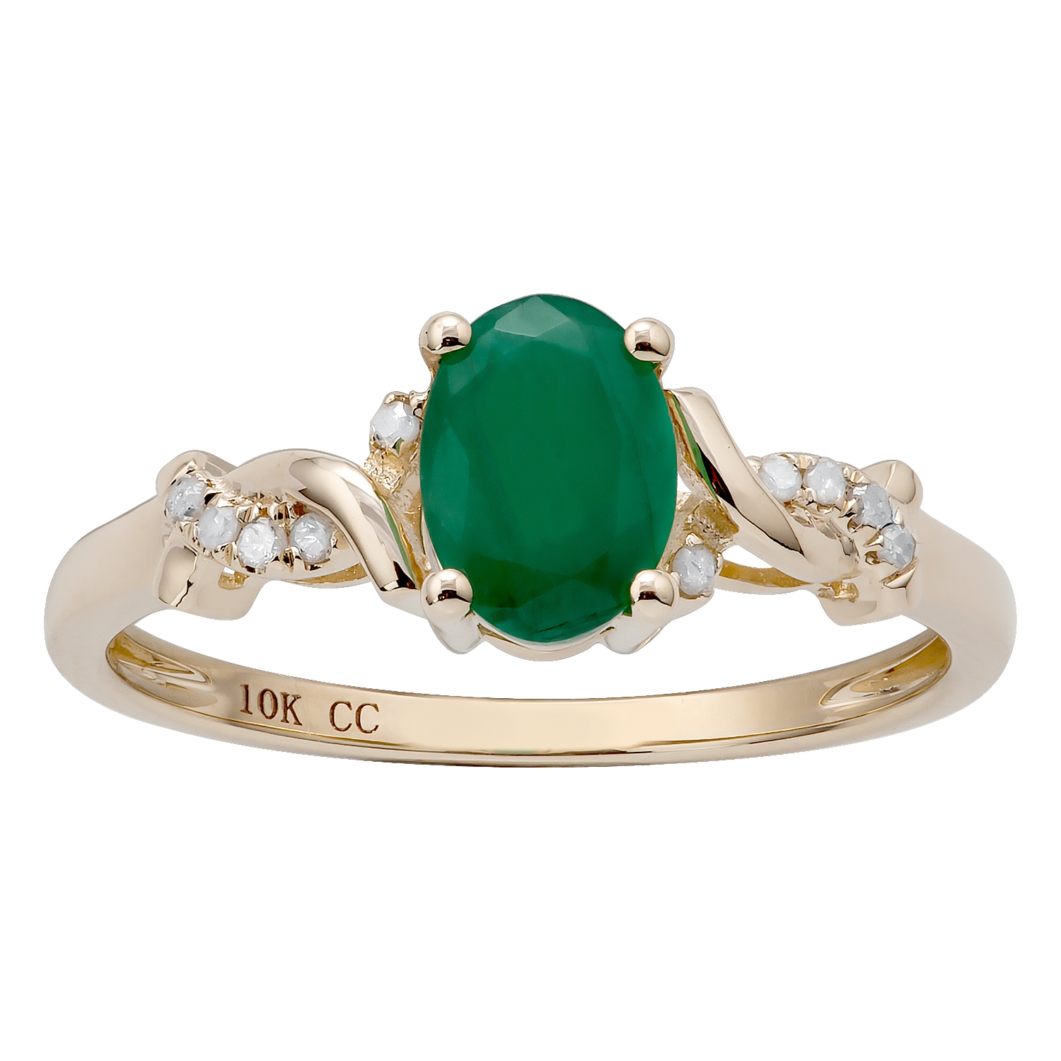 10k White Gold Genuine Oval Emerald and Braided Diamond Accent Ring