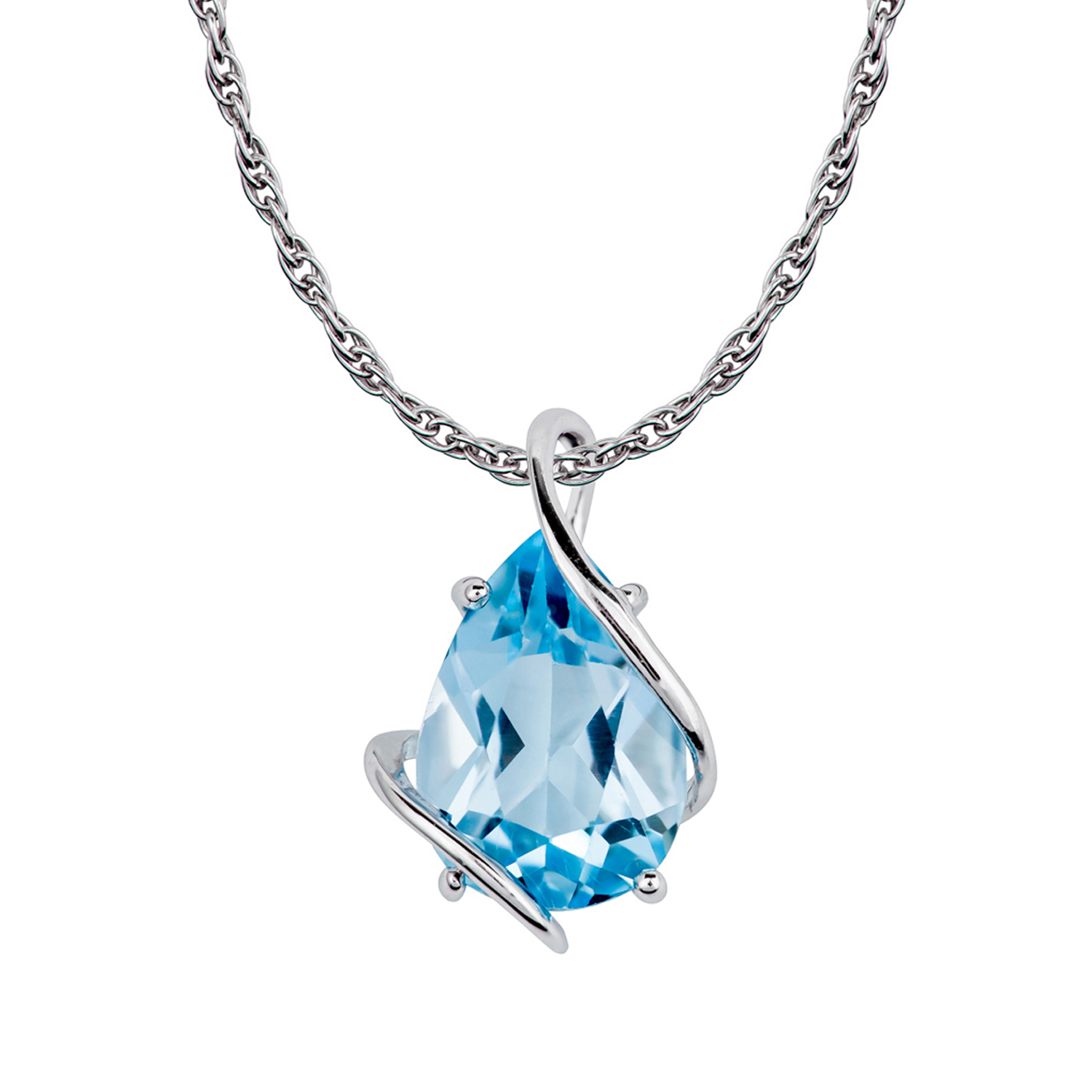 10k White Gold Genuine Pearshape Blue Topaz Teardrop Pendant Necklace