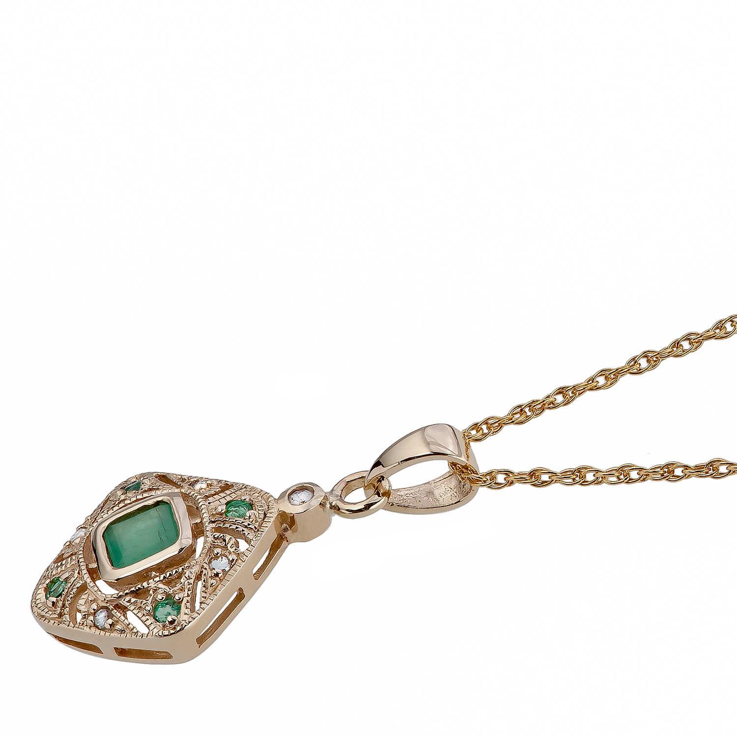 10k Yellow Gold Vintage Style Emerald and Diamond Pendant Necklace | eBay
